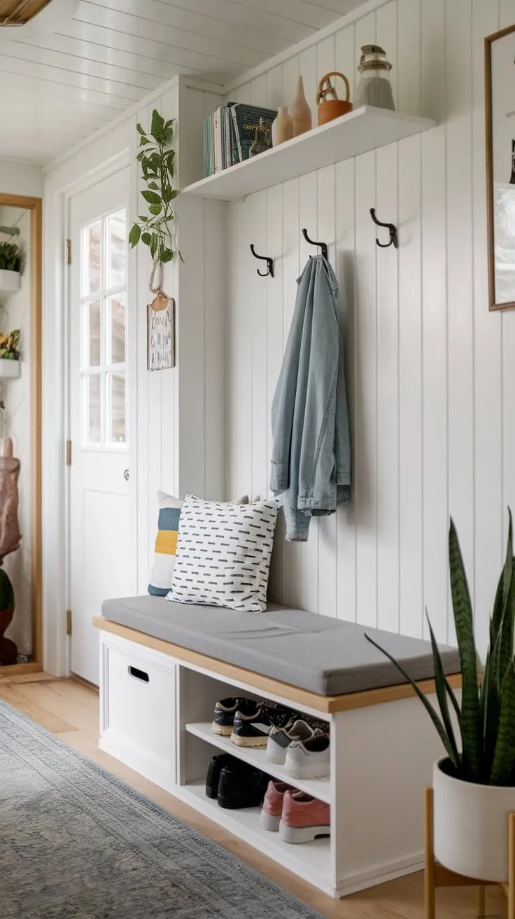 A compact yet functional foyer solution combines a storage bench, wall hooks, and shelving for a clutter-free entryway.