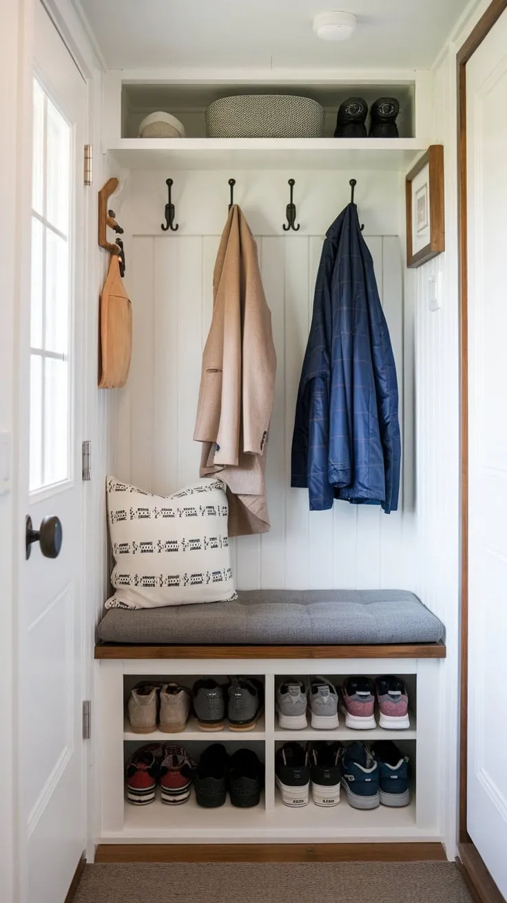 A well-lit entryway bench combines seating, coat storage, and hidden shoe cubbies for a functional tiny home solution