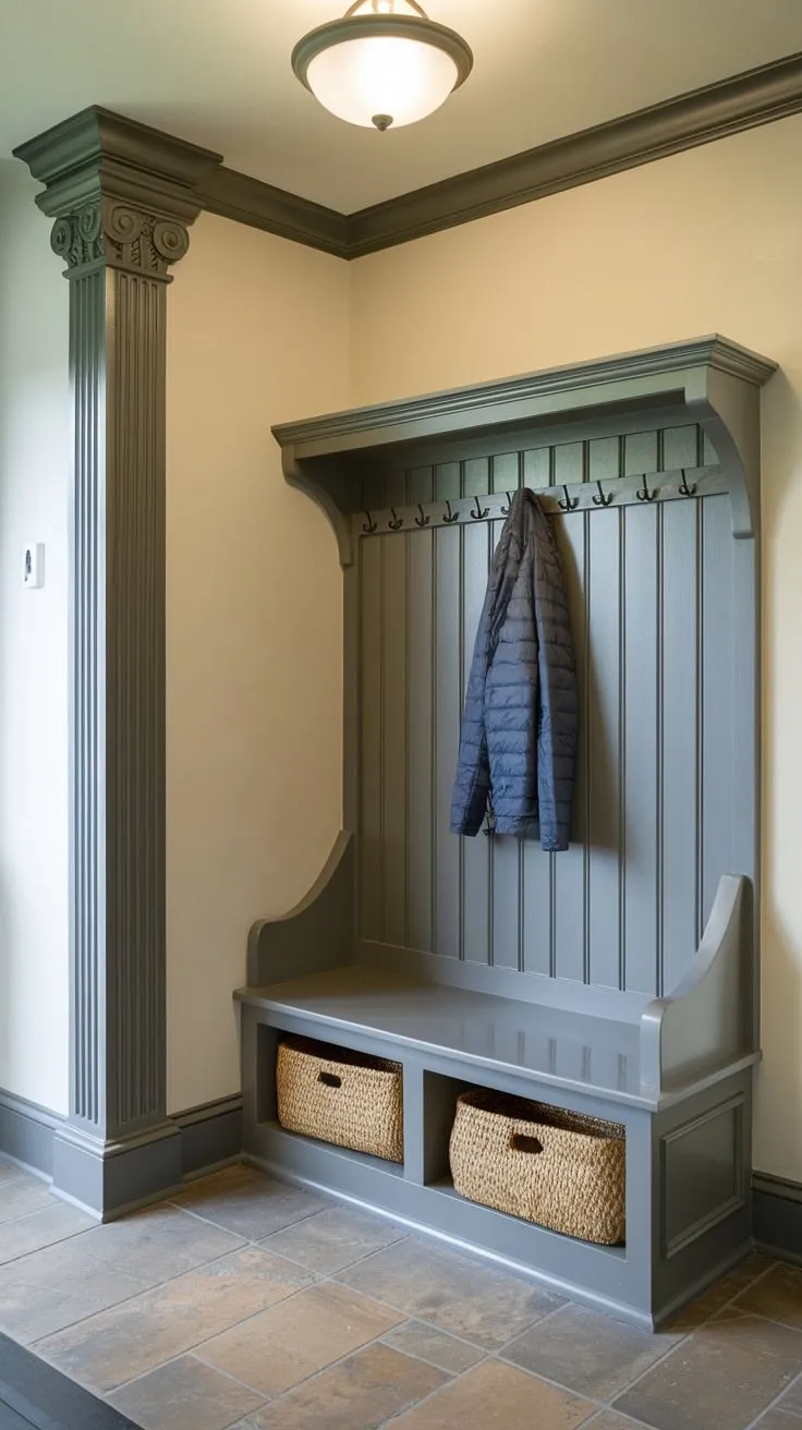 A stylish and functional small foyer boasts ample coat and shoe storage via a bench with hidden compartment and wall-mounted hooks.