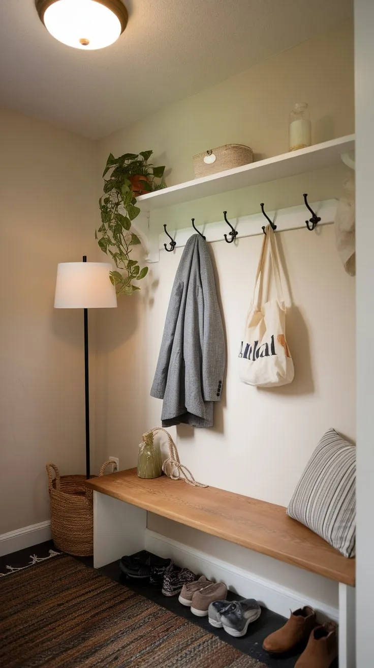 Maximize your small entryway's functionality with a bench, hooks, and shelf for coats, bags, and plants