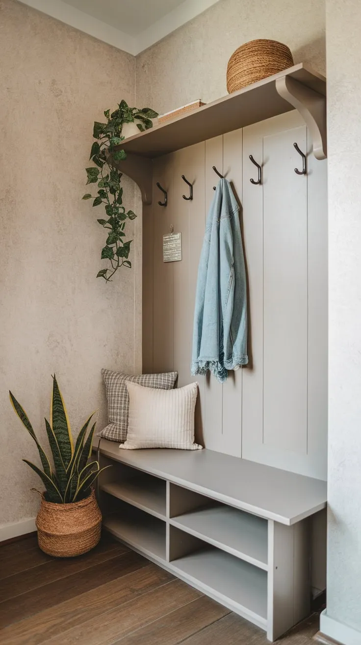 Maximize small entryway space with a stylish bench, offering shelves and hooks for functional yet charming foyer storage