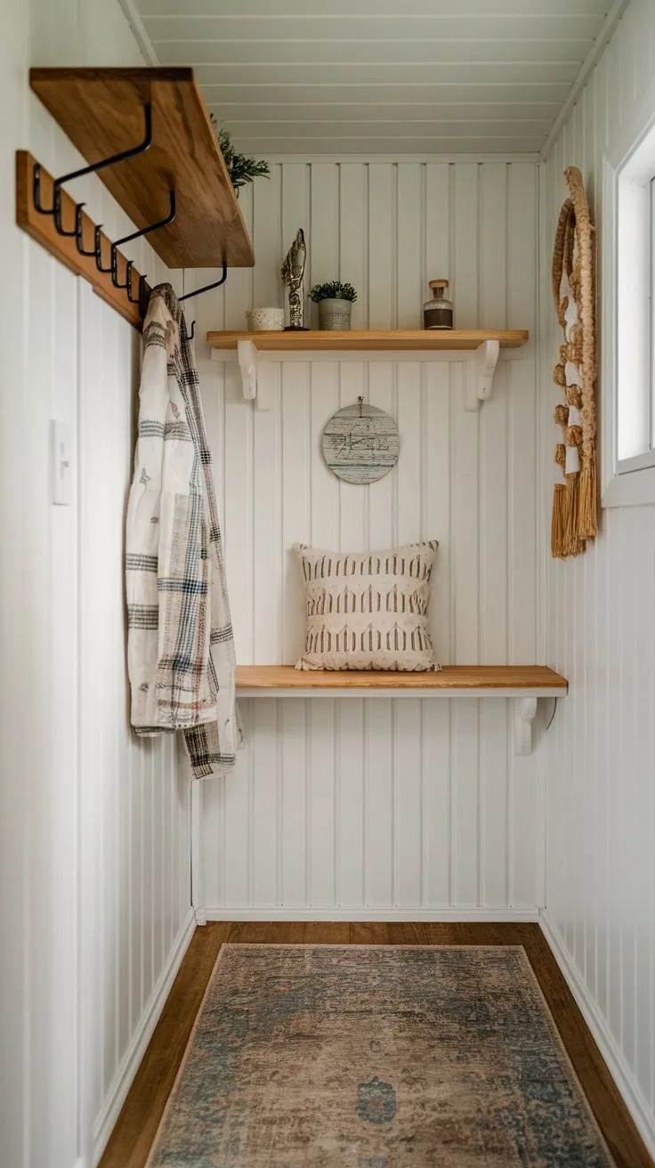 A small entryway's limited space is cleverly maximized using a coat rack and shelf for both storage and decor.