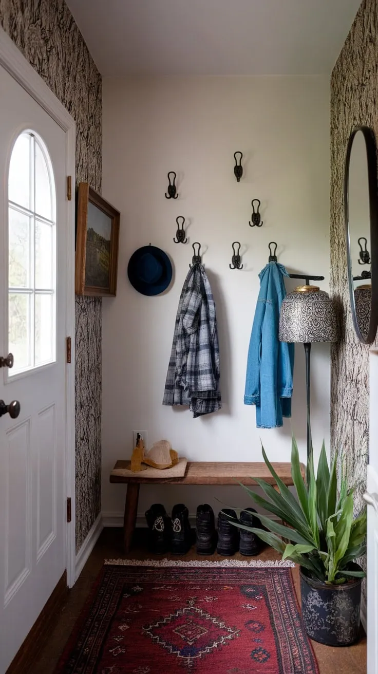 Maximize small entryway space with a stylish bench, coat hooks, and decorative elements for functional and inviting foyer storage