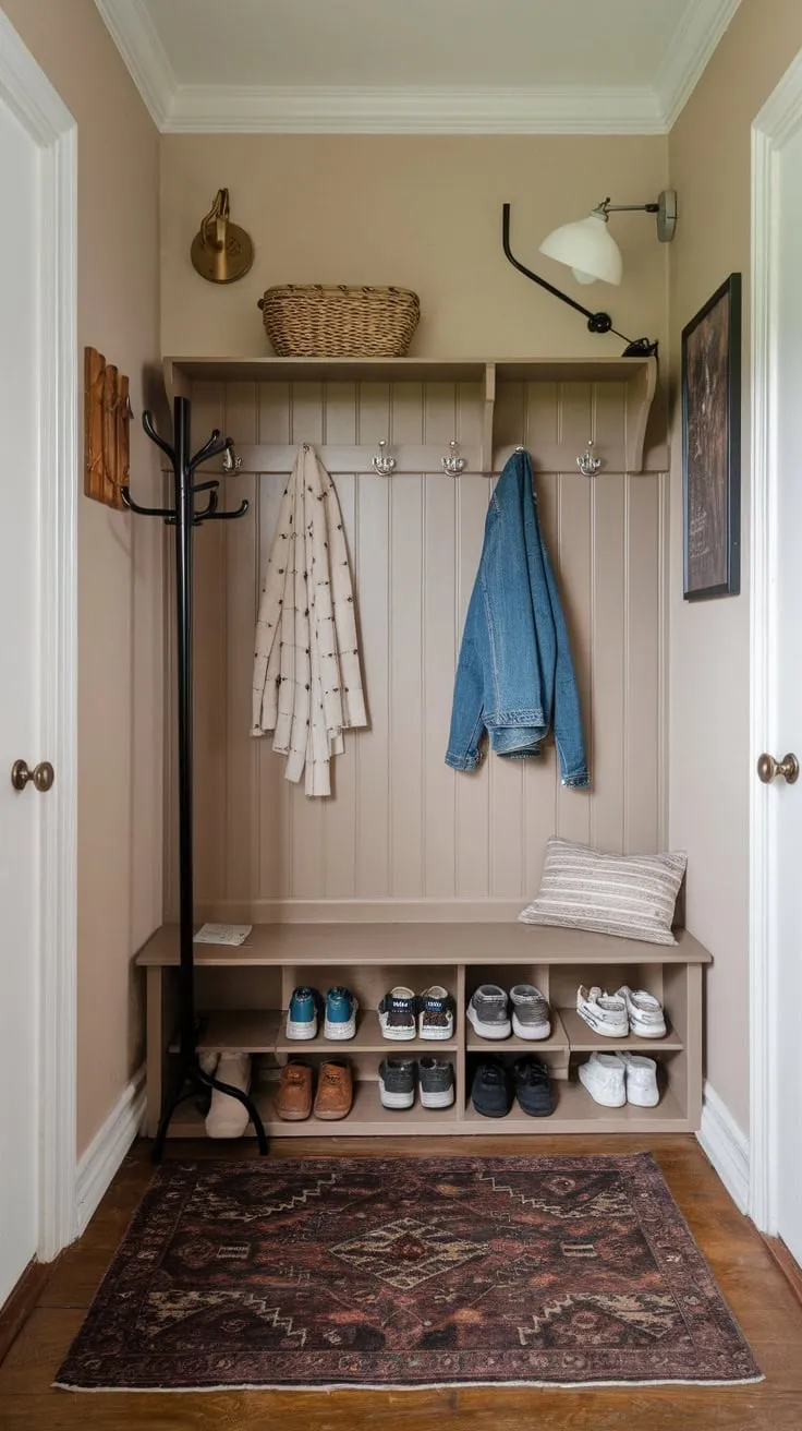Maximize small entryway space with a bench, coat rack, shoe storage, and ample wall hooks for ultimate organization