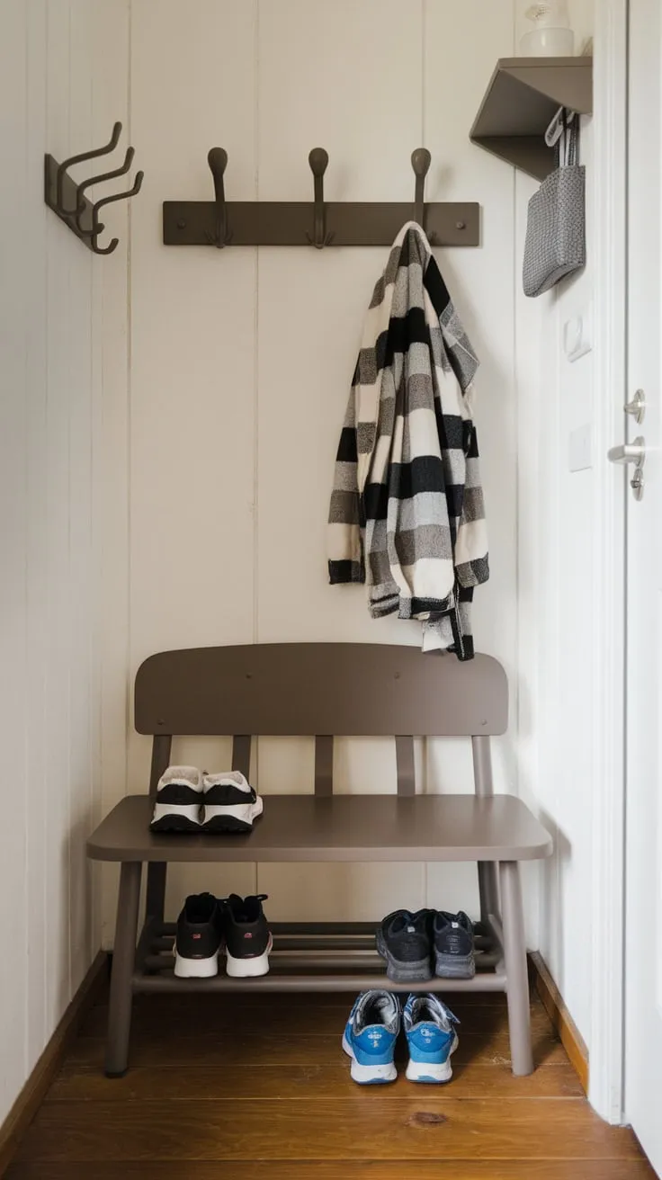 Maximize small entryway space with a bench, hooks, and strategic shoe storage.