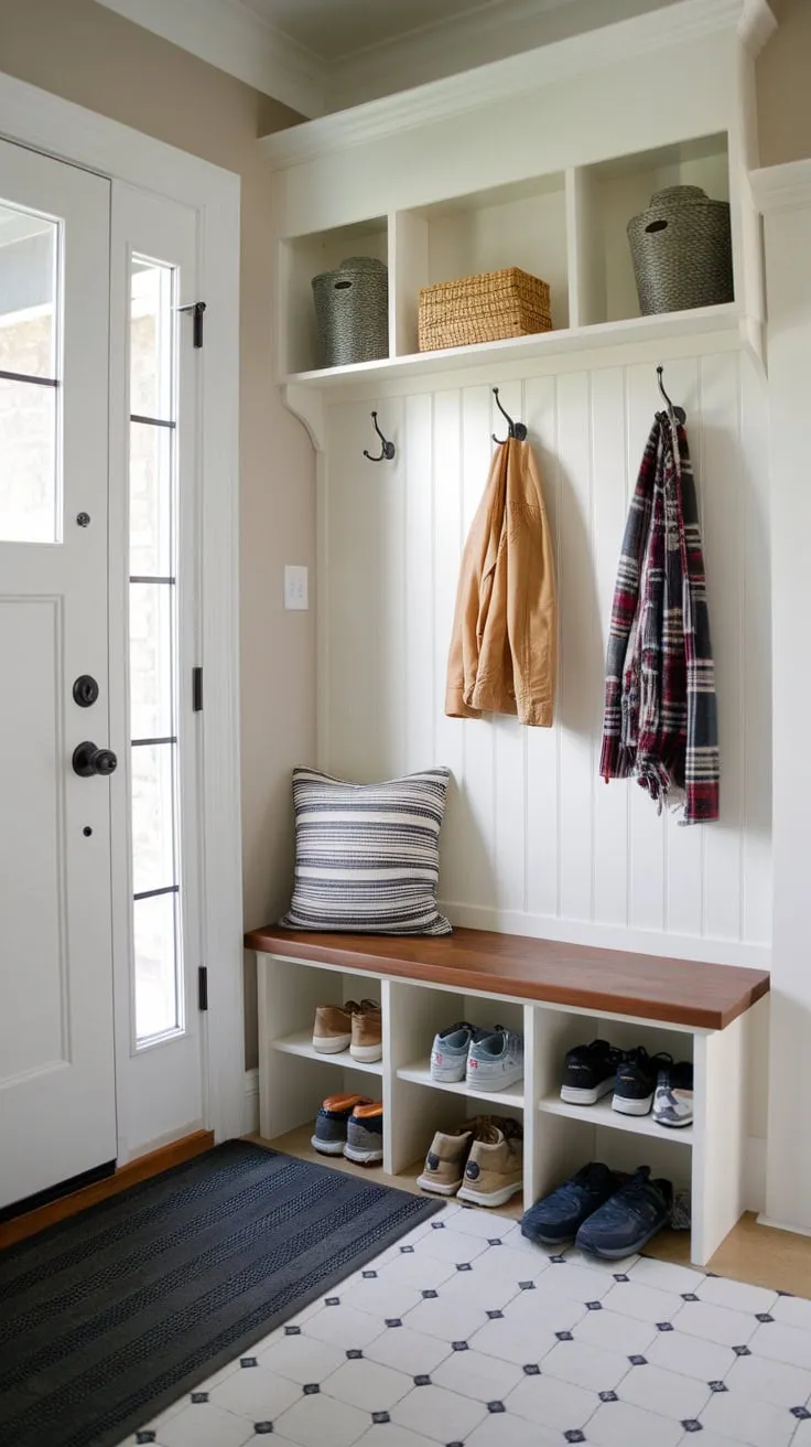 Maximize your small entryway's functionality with a bench, split shoe storage, coat hooks, and a floor mat for ultimate organization