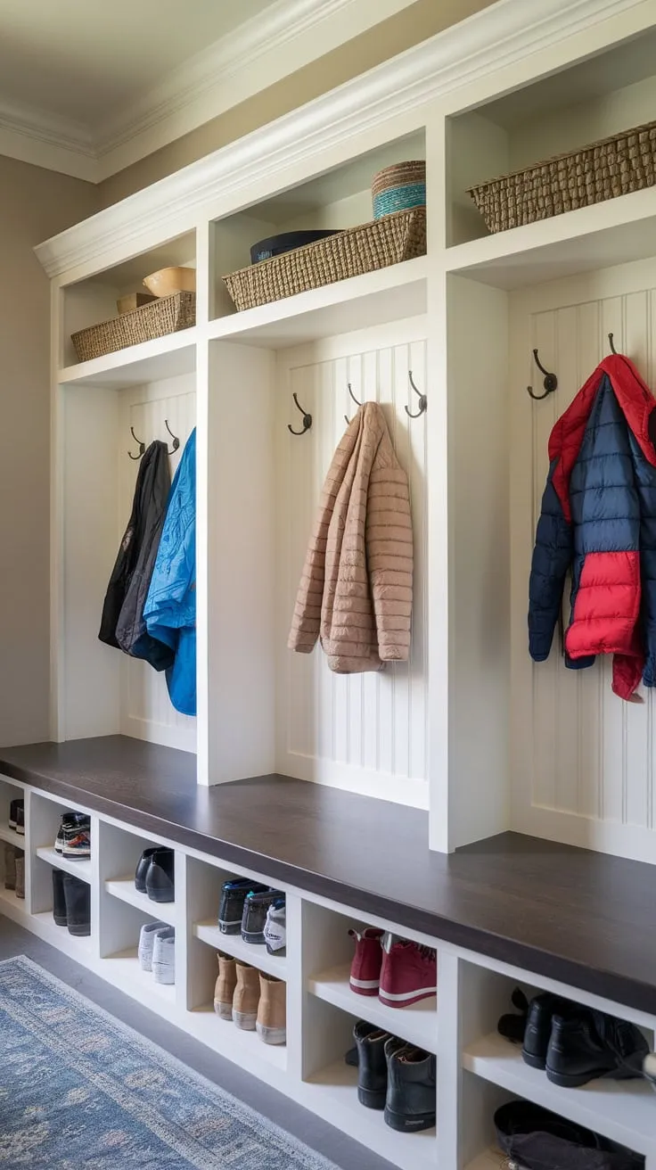 Organized entryway boasts dual coat and shoe storage with cubbies and hooks for clutter-free convenience