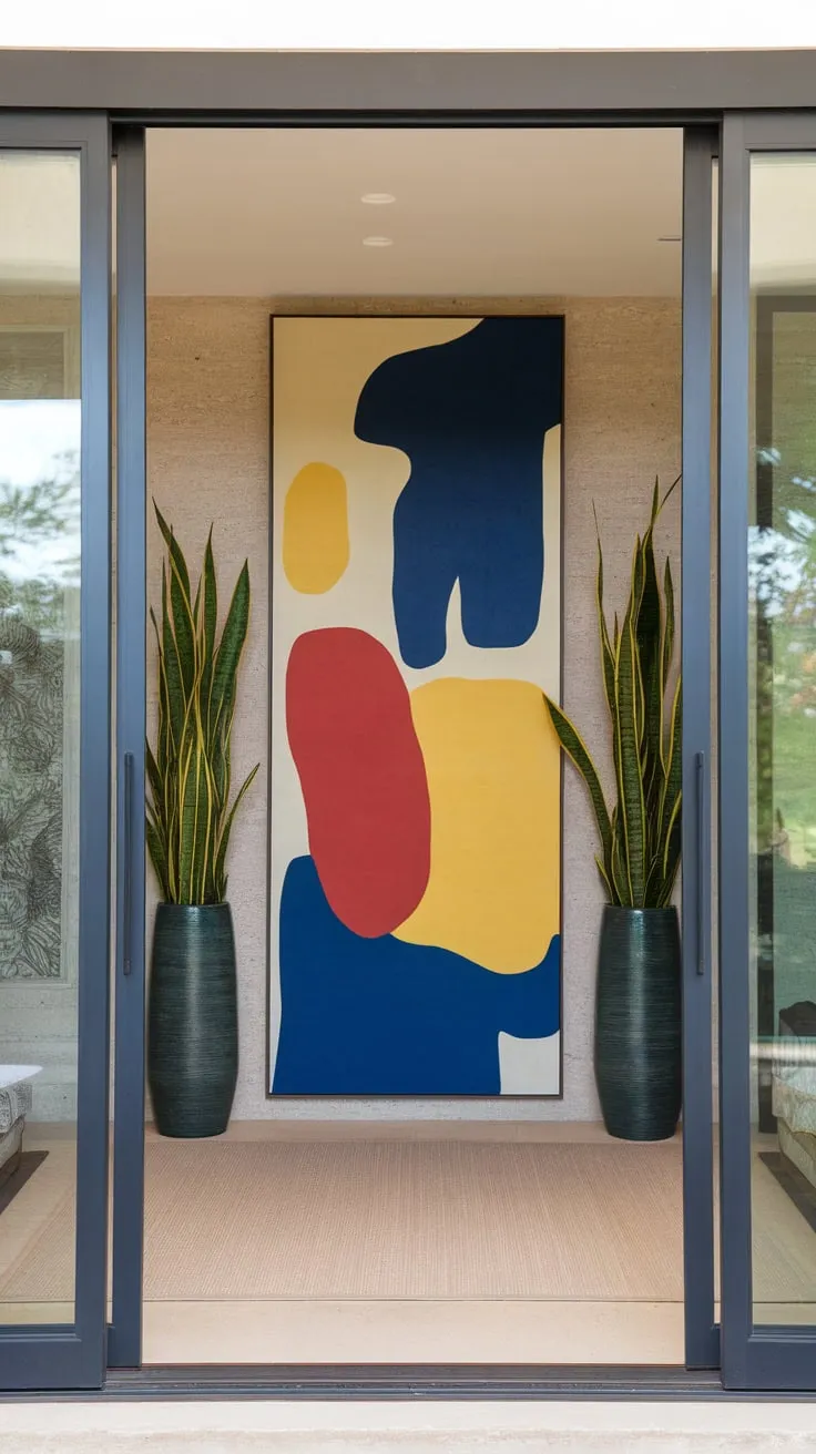 A sleek modern foyer boasts a vibrant abstract artwork and lush greenery behind a glass door, creating a stunning entrance.