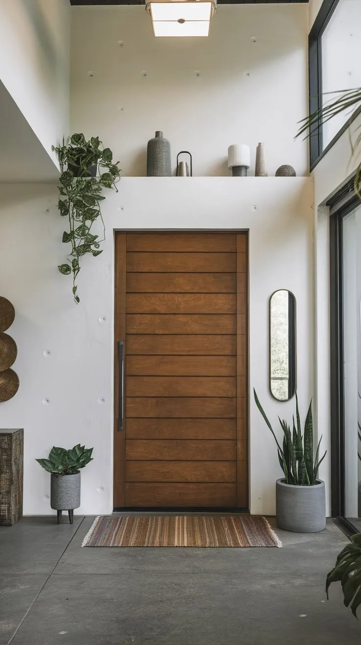A minimalist white foyer wall, subtly adorned with plants and décor, anchors a modern space defined by a large wooden door and tiled floors