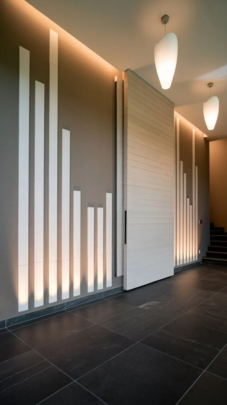 Geometric beige and white wall accents highlight a stylish contemporary foyer with a dark grey tiled floor and light wooden door.