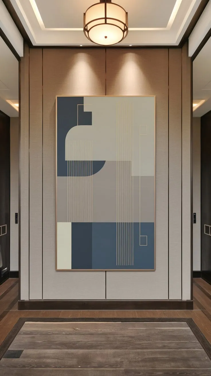 Modern minimalism meets artistic impact in a foyer featuring a large abstract artwork as its captivating centerpiece.