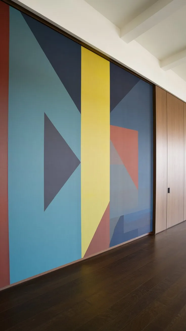 Bold geometric art in cool and warm tones elevates a minimalist foyer's dark wood floor.