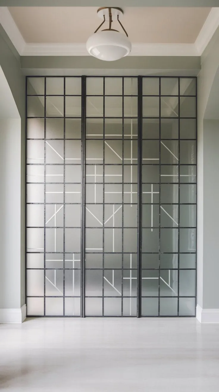 Geometric frosted glass panels illuminate a sleek gray-walled foyer with a minimalist white interior.