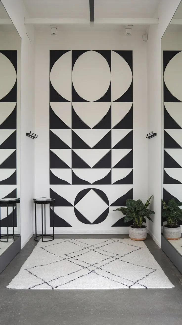A minimalist foyer boasts a striking black and white geometric wall mural complemented by sparse furnishings and a white rug