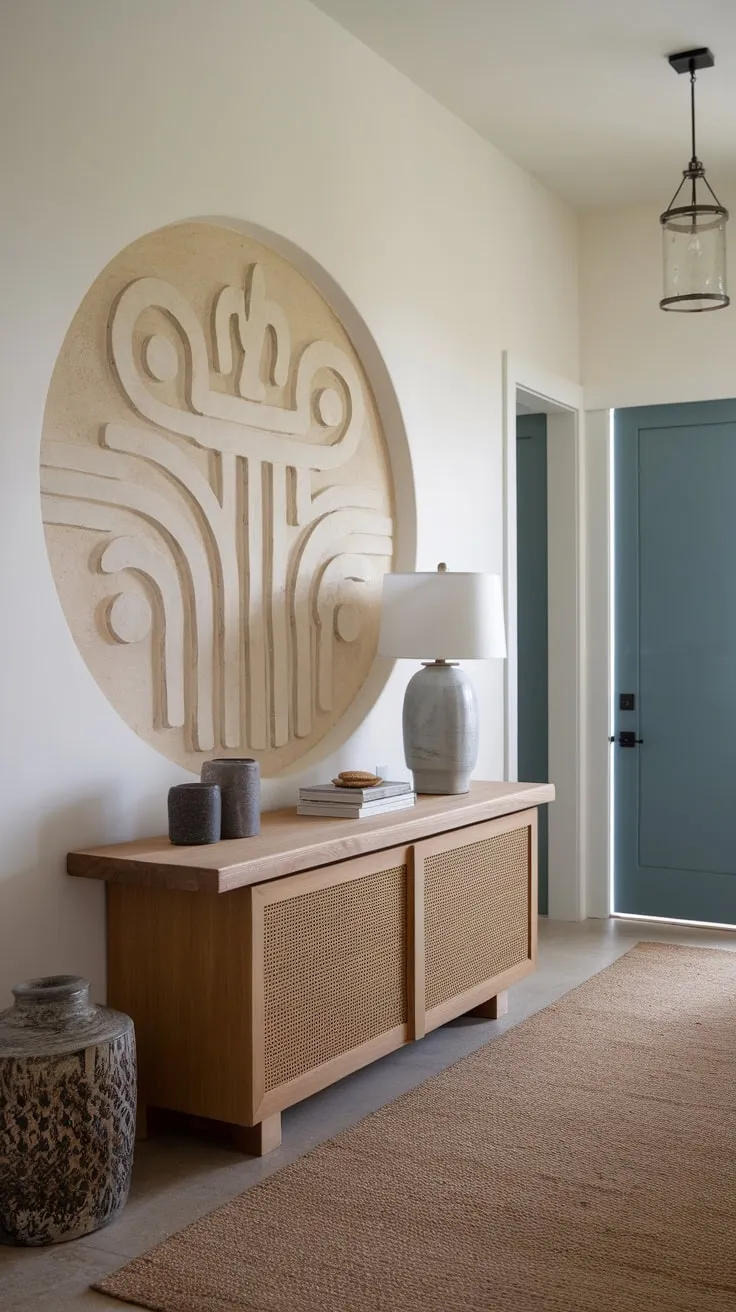 A stylish beige and white foyer features a striking circular wall design, complemented by a console table and a blue door, setting a sophisticated tone.