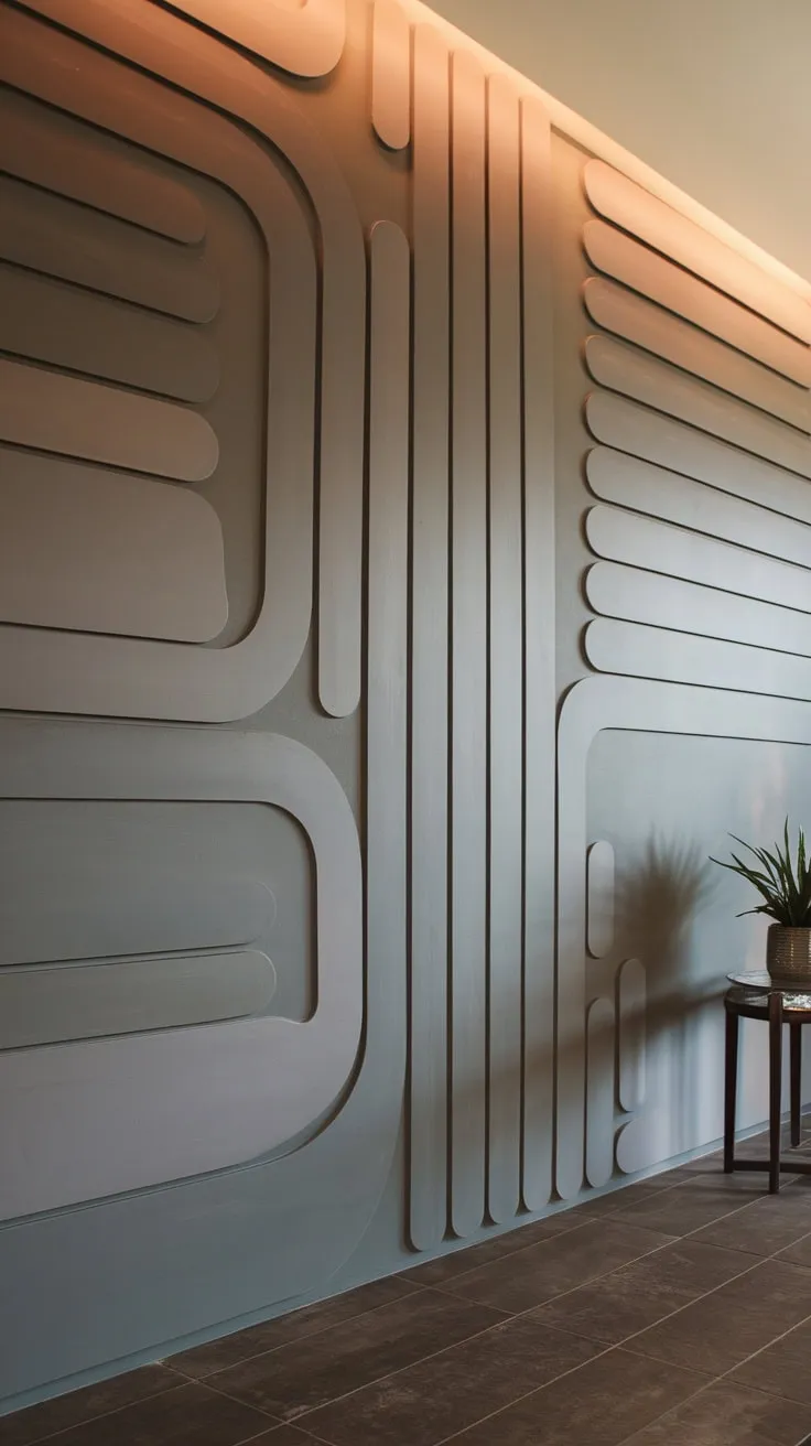 Warm lighting highlights a contemporary design with a large, sculpted gray wall as its centerpiece.