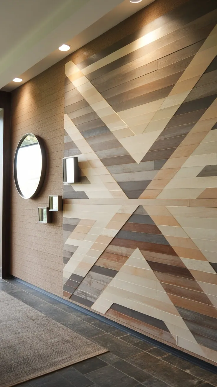 Modern grey tile flooring and a plush rug complete the sophisticated foyer featuring a captivating wood-and-mirror wall design.