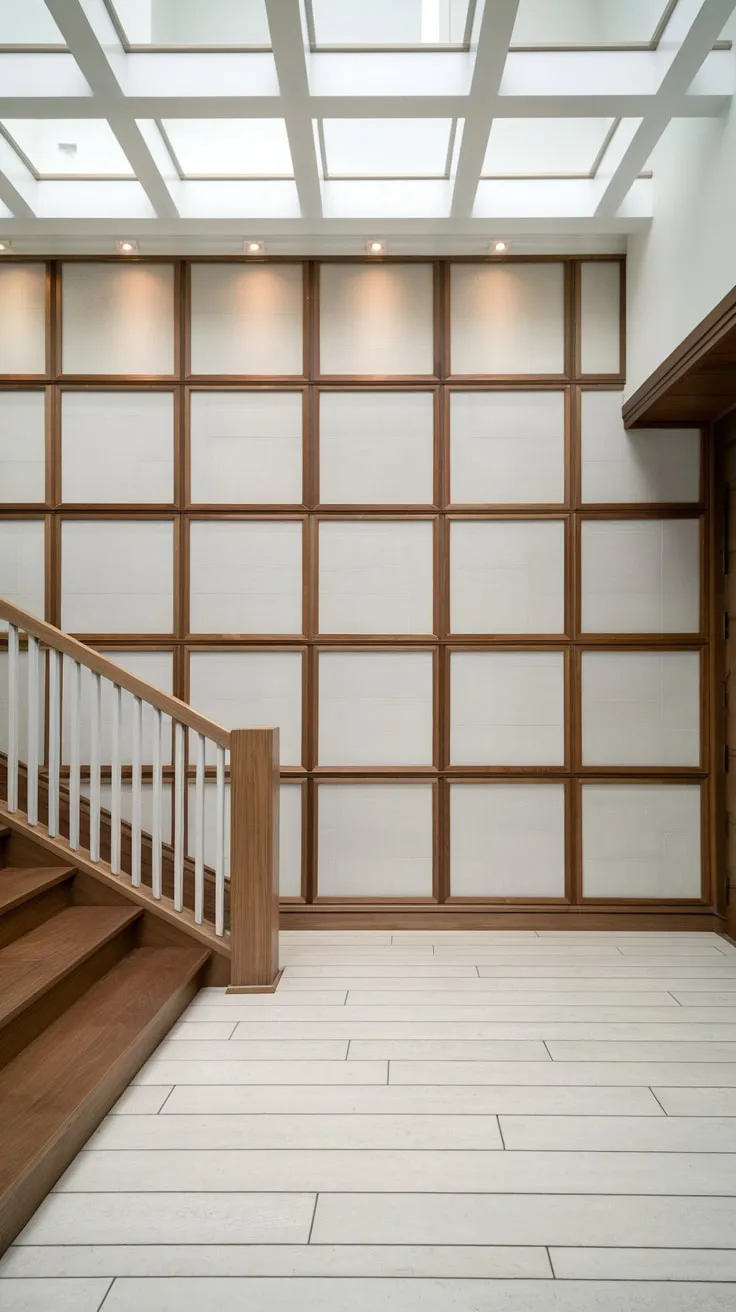 Clean lines and recessed lighting highlight a geometric white-paneled foyer wall, complemented by wood accents and a minimalist staircase.