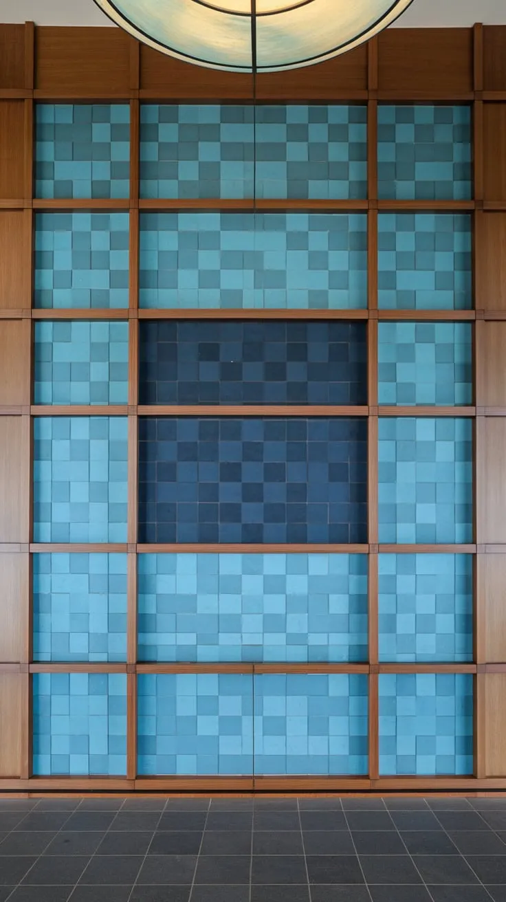 A striking geometric blue wood-paneled foyer wall anchors a modern entryway with dark grey tile flooring and a circular light fixture.