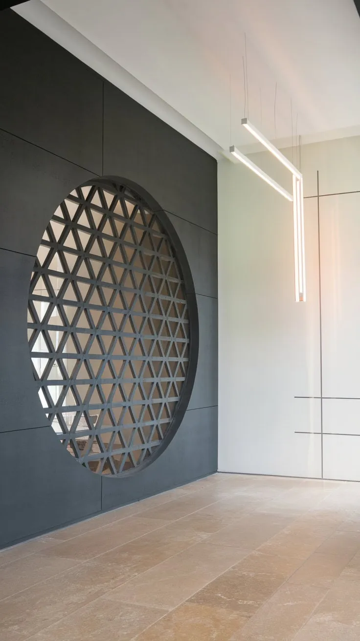 A modern foyer boasts a dramatic contrast of dark gray geometric wall and sleek white accent wall, illuminated by a minimalist fixture above beige tile flooring.