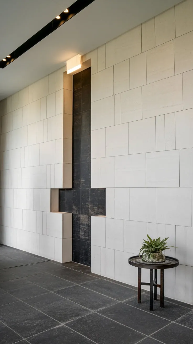 Modern white square tiles create a stunning foyer wall, punctuated by missing sections showcasing a contrasting dark textured wall for an unexpected design element.