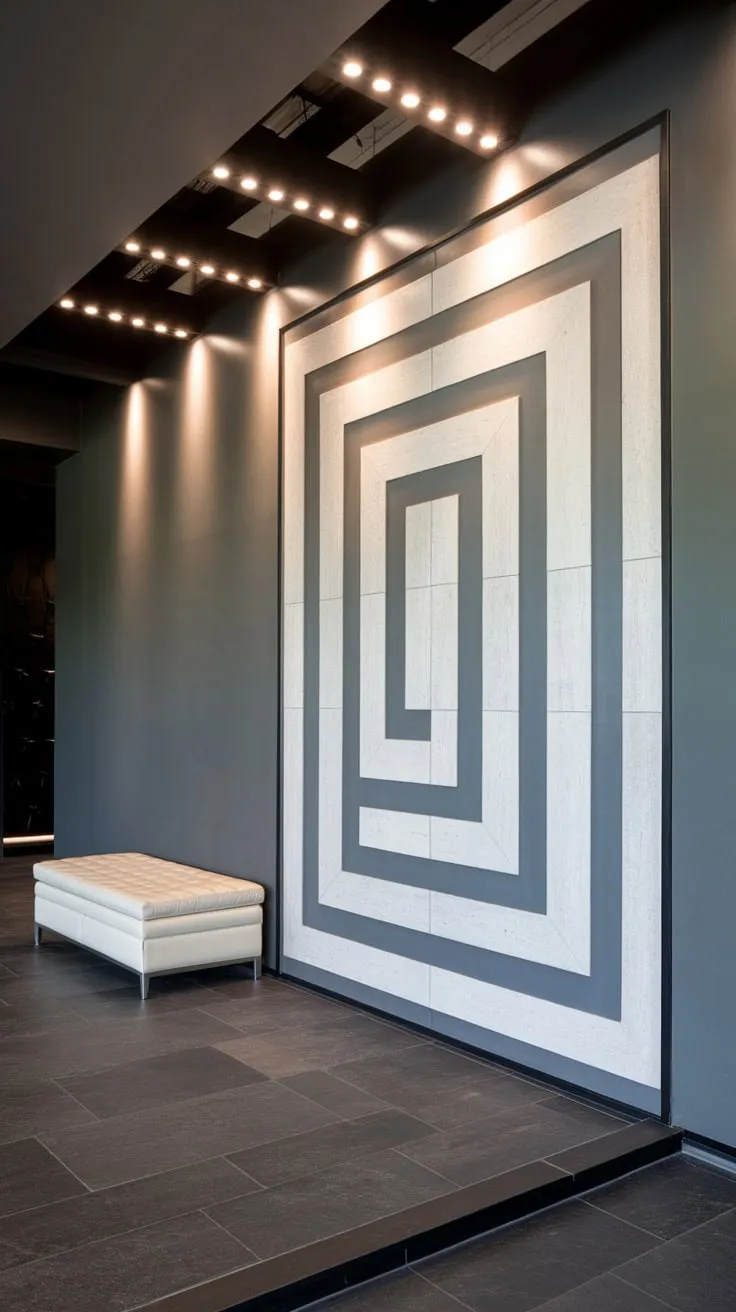 A dramatic geometric pattern in white on a gray foyer wall, accented by black trim and LED lighting, creates a striking contemporary entrance.