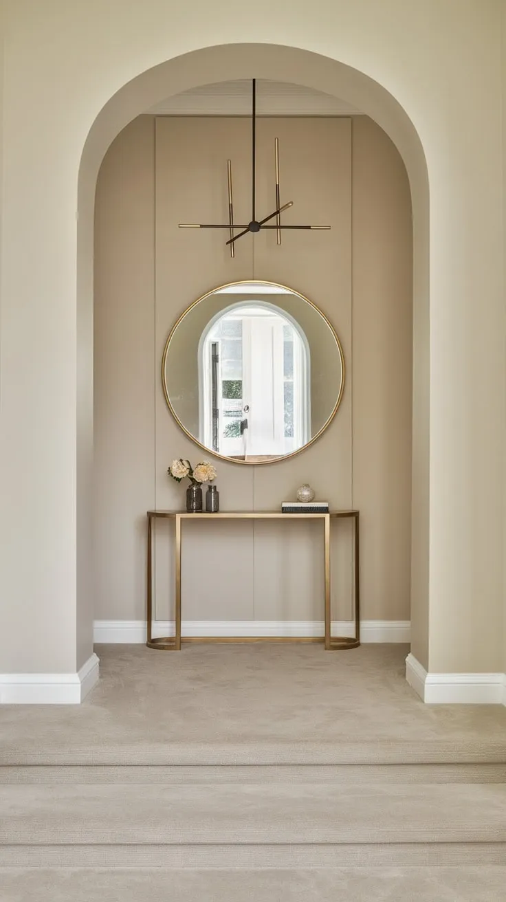 Brass accents and soft beige walls highlight a stunning circular mirror focal point in this modern foyer design.