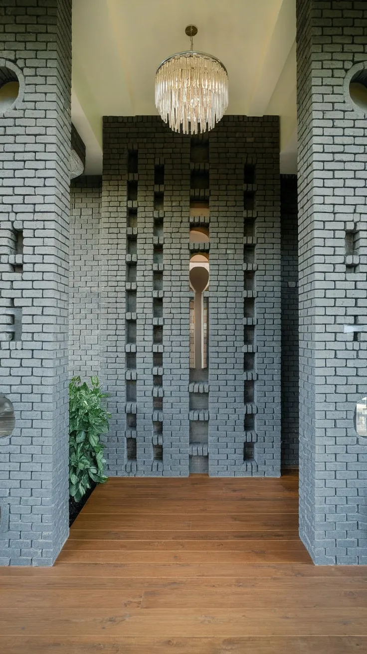 A contemporary foyer's dark gray brick wall, featuring unique circular and rectangular openings, creates a dramatic focal point.