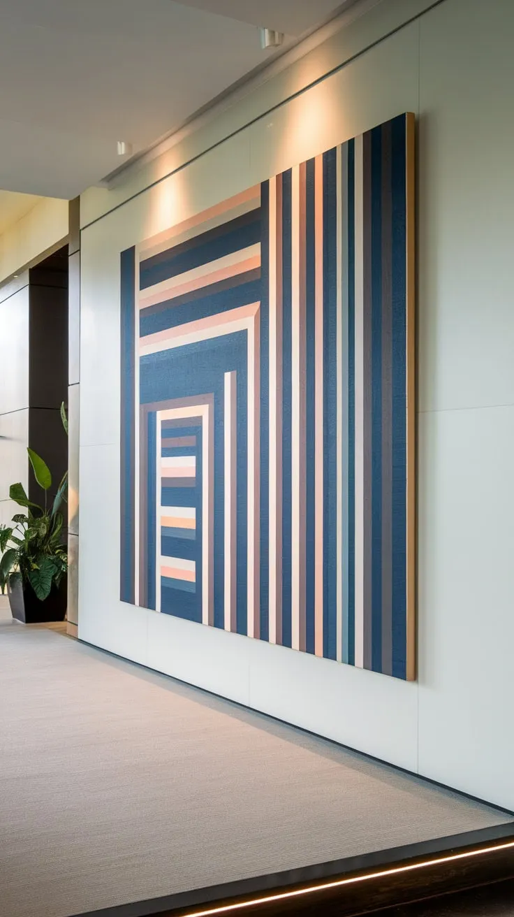 Modern art elevates a bright foyer with its bold geometric design on a white wall