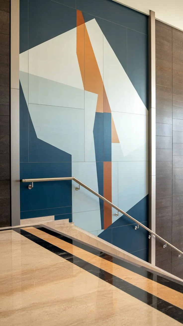 Bold blue, white, and orange geometric art elevates a contemporary foyer, its design complemented by a patterned floor and a nearby railing.