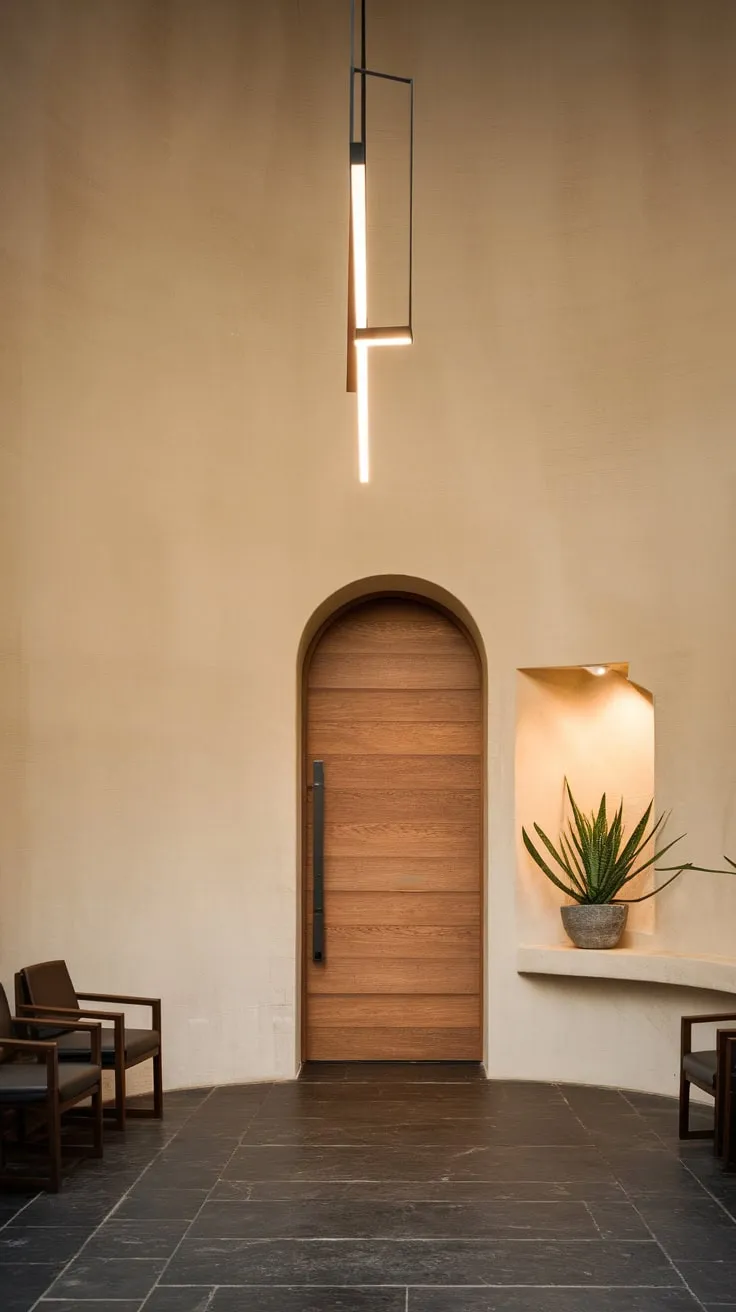 Warm lighting illuminates a contemporary foyer featuring a beige wall, dark grey tiles, and a wooden door accented by a small potted plant and comfortable seating.
