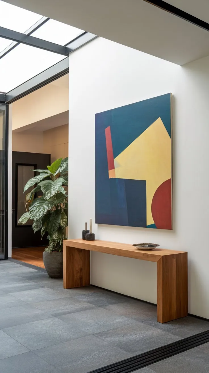 Geometric blues, yellows, and reds pop against the white wall of a stylish foyer, accented by a console table and potted plant.