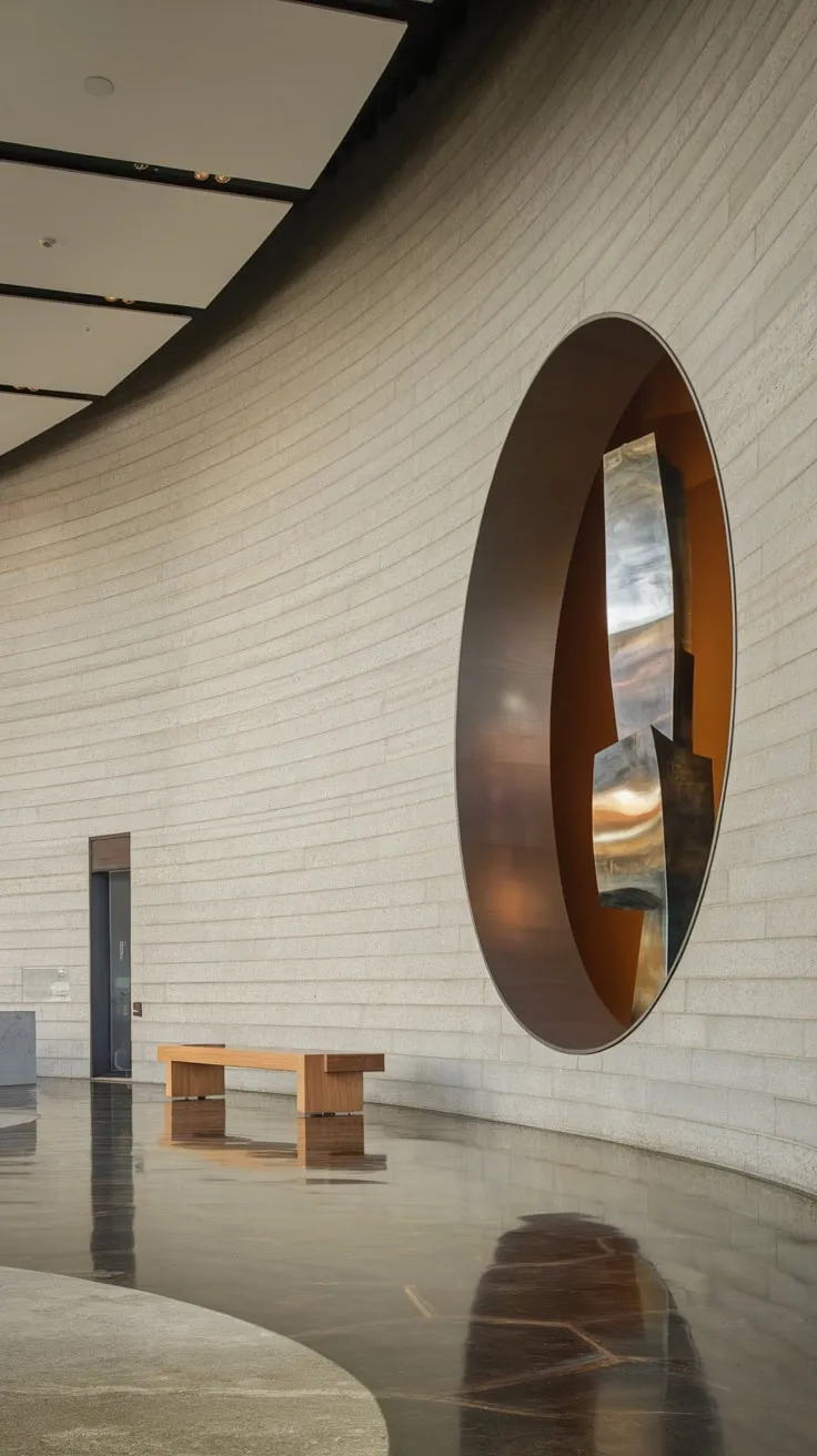A striking curved grey wall with a circular cutout displaying abstract art defines this contemporary foyer's elegant entryway.