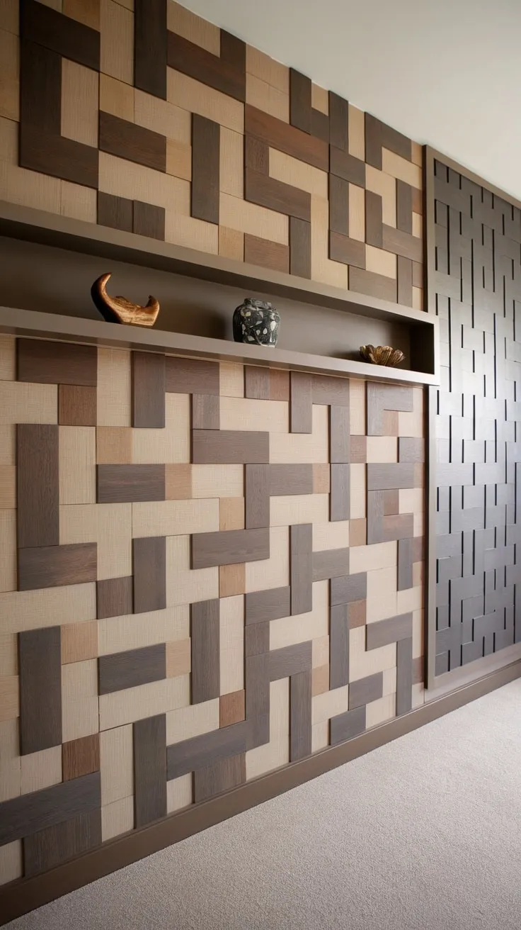 Beige carpet complements the warm brown and beige tones of the striking entrance wall design.