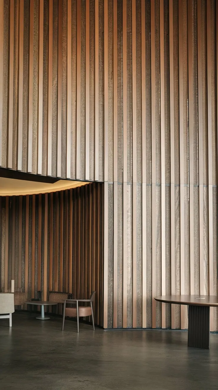 A contemporary foyer boasts a stunning focal point—a large, curved wall of richly hued wooden slats creating a warm, textured ambiance.