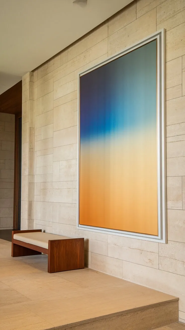A bright contemporary foyer features a beige wall accented by a large, framed blue and orange abstract artwork above a wooden bench.