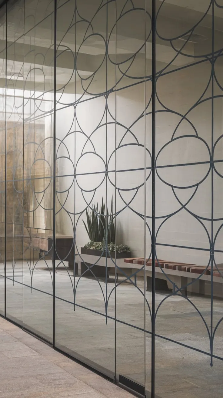 Dark blue steel circles etched into a glass wall create a striking modern focal point in a minimalist stone-floored foyer.