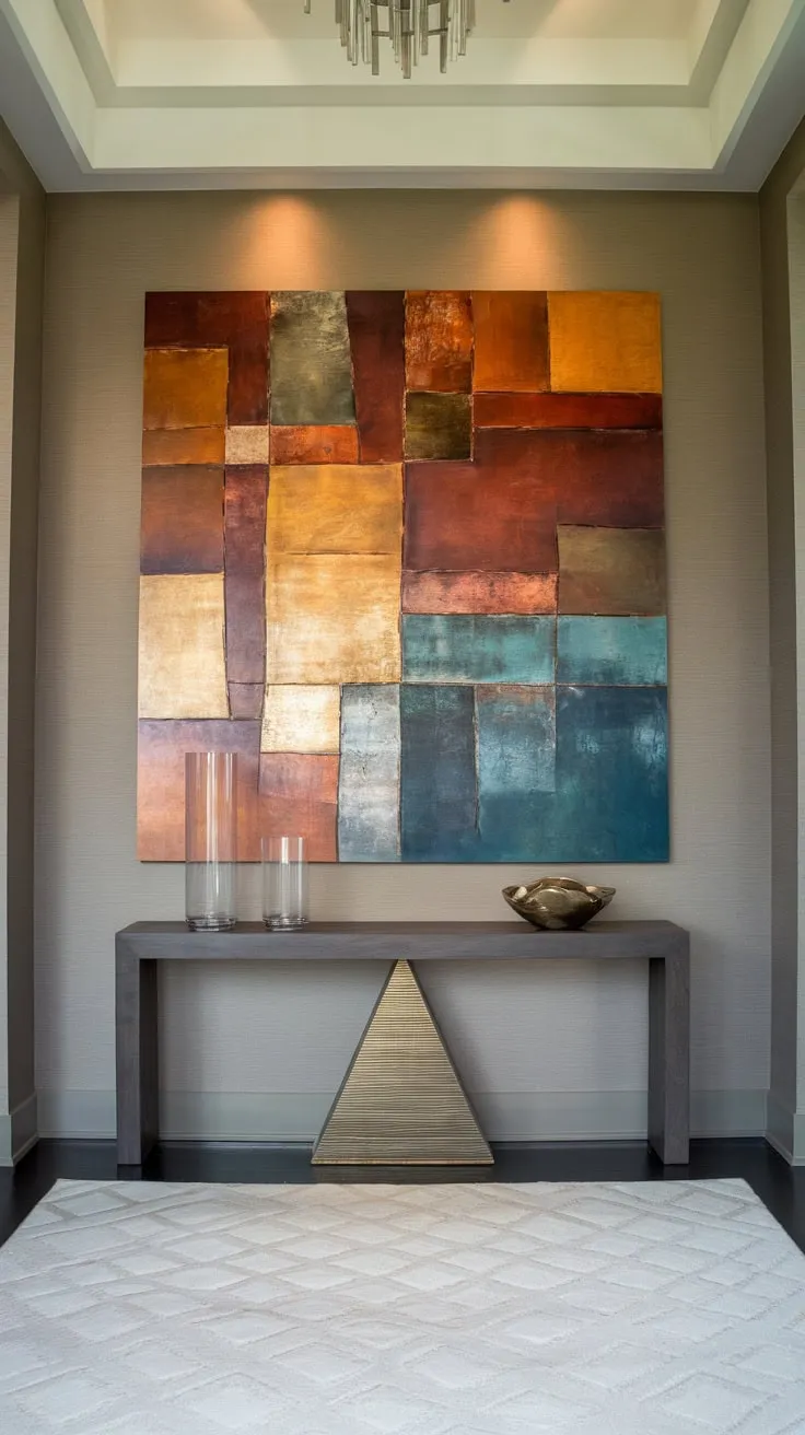 High ceilings showcase a dramatic foyer featuring large abstract wall art above a sleek console table, creating a sophisticated and welcoming entrance.