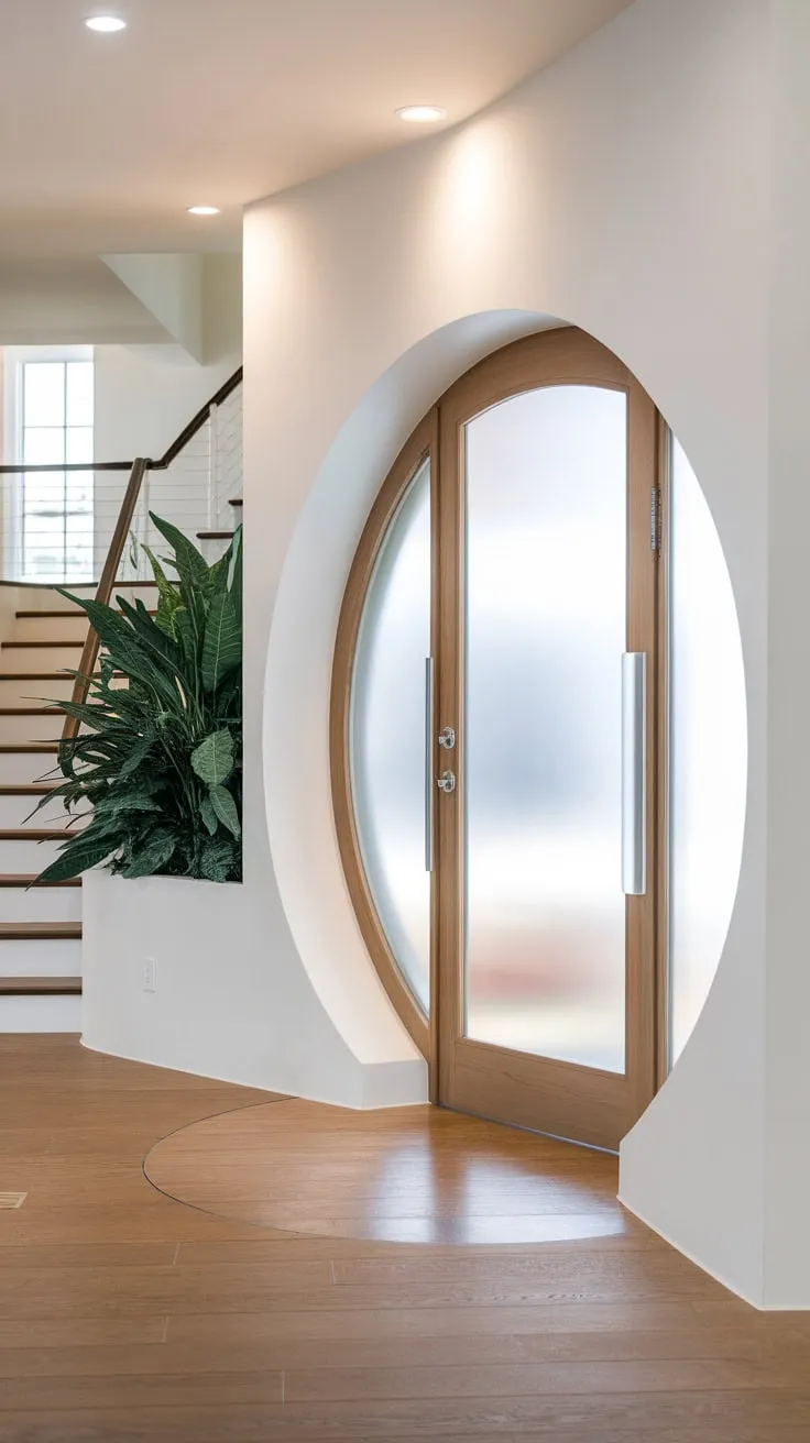 A bright modern foyer features a white wall with a circular recessed wooden door and frosted glass window, accented by a plant and overlooking a wooden-floored staircase.