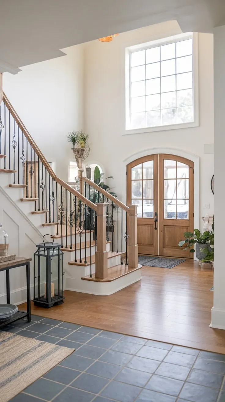 A bright white farmhouse foyer welcomes you with a wooden staircase, wrought iron railing, and coastal garage glimpses.
