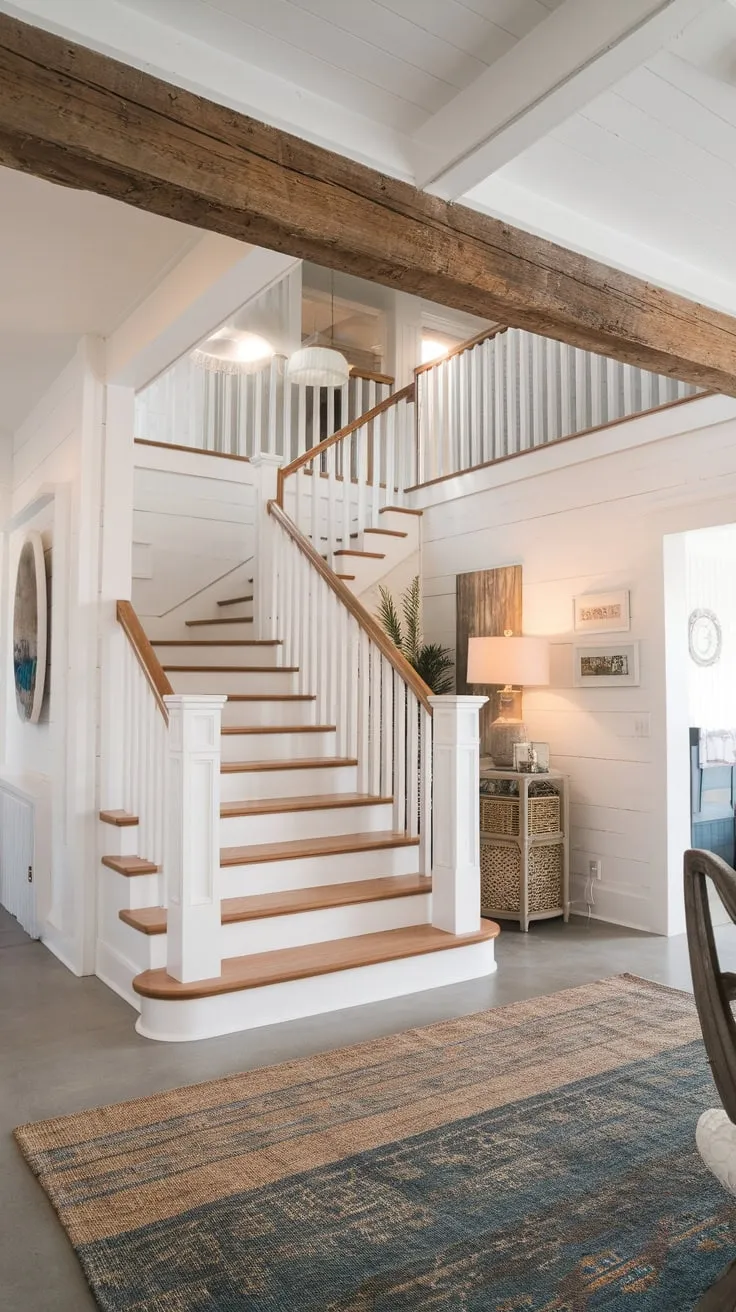 A modern farmhouse foyer boasts a coastal-inspired stair entryway bathed in natural light, accented by a wooden beam and white-railed stairs.