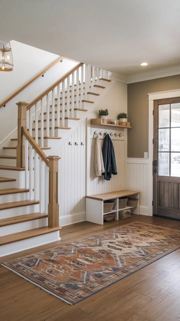 A modern farmhouse foyer boasts a stylish blend of wooden floors, a patterned rug, and a coastal-inspired entryway complete with stairs and a glass-paneled door.