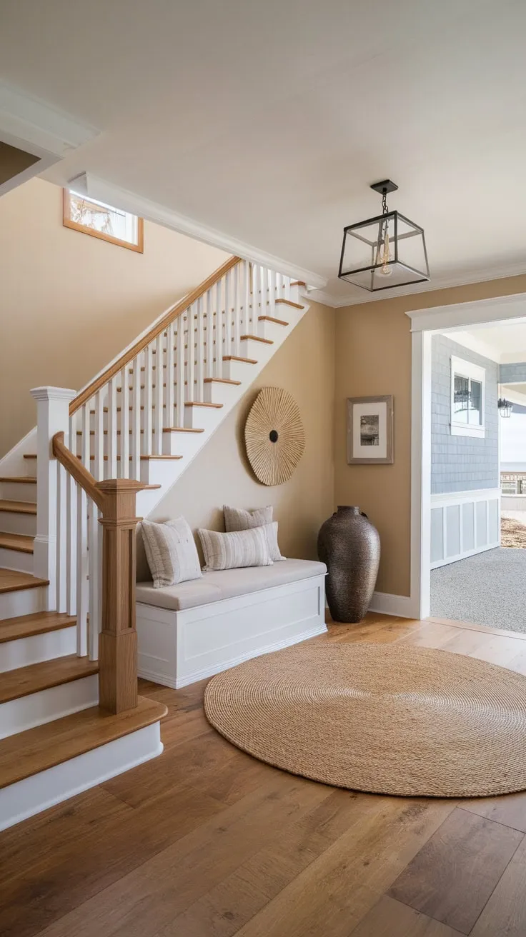 A modern farmhouse foyer boasts a welcoming wooden staircase, beige walls, and a cozy seating area perfect for a coastal suburban home entryway