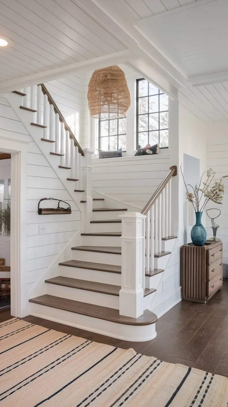 A coastal-inspired modern farmhouse foyer showcases a stunning stair entryway, reminiscent of suburban homes.
