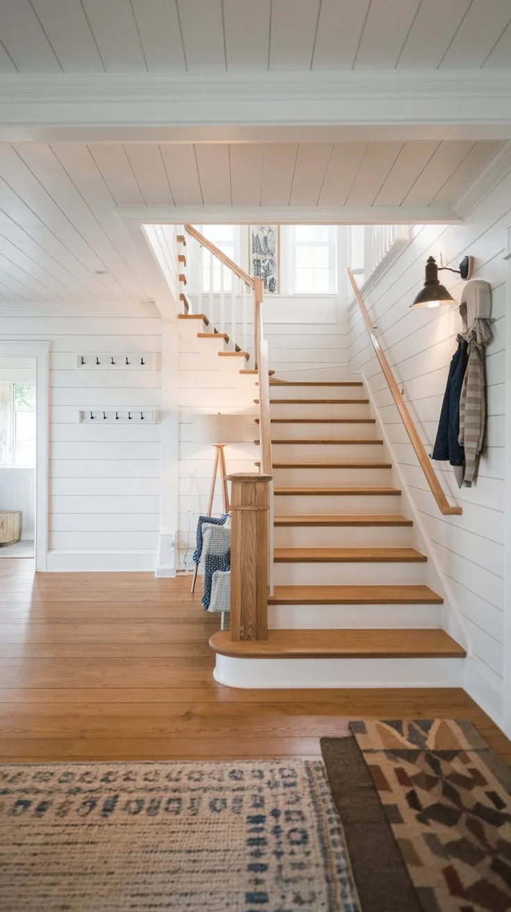 A stylish modern farmhouse foyer features a wooden staircase and hardwood floors in a coastal-inspired design with subtle details and practical coat hooks.