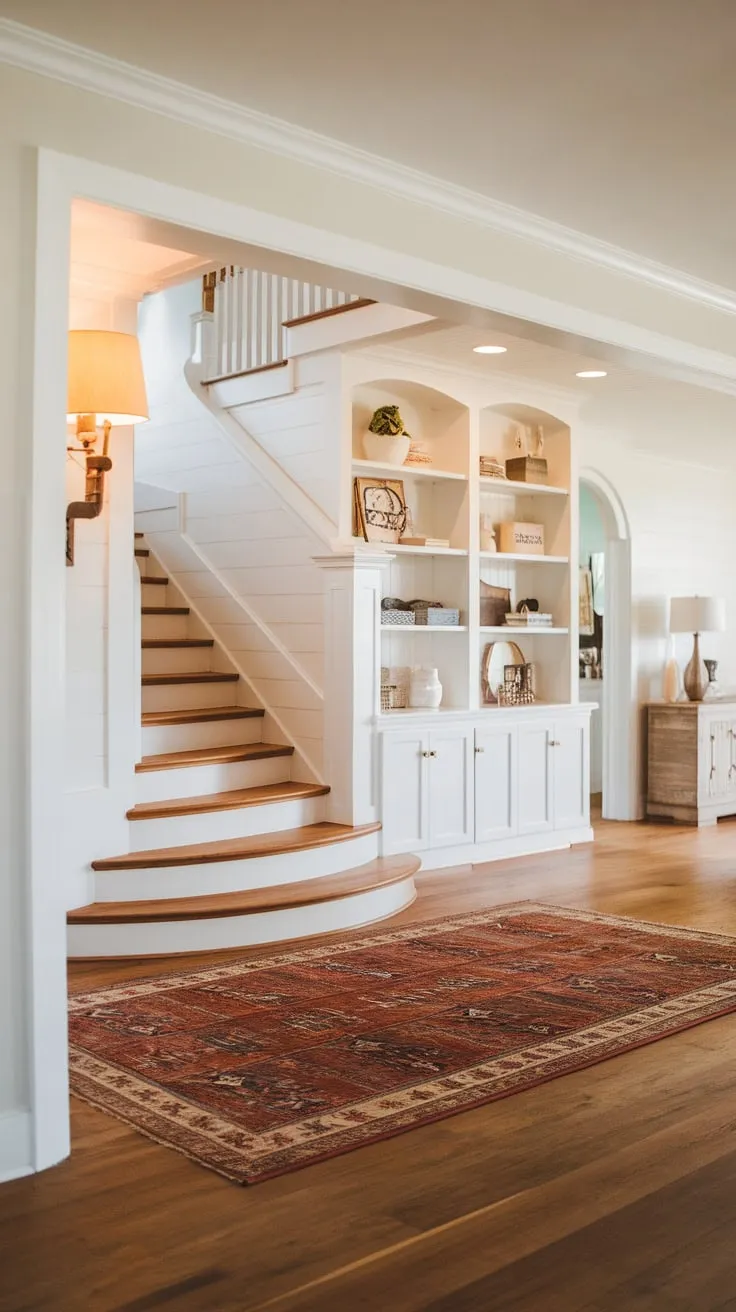A warm and inviting modern farmhouse foyer features a wooden-floored stair entryway accented by built-in shelves and a cozy area rug
