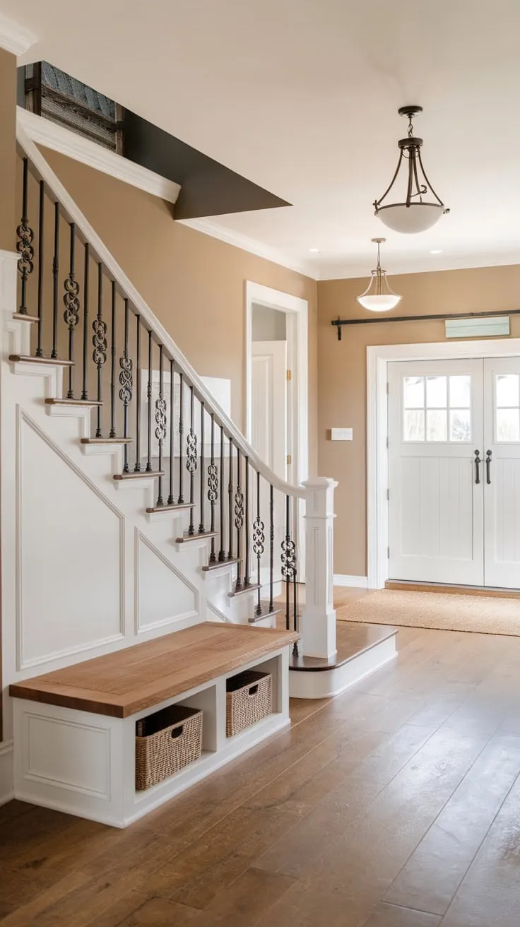 A modern farmhouse foyer boasts a white staircase, built-in bench, and wood floors, opening to a coastal-inspired garage beyond