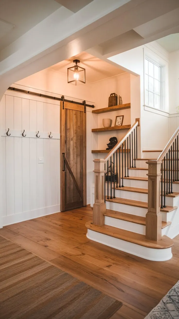 A welcoming modern farmhouse entryway boasts a wooden staircase, hardwood floors, and stylish wall shelves bathed in warm light.