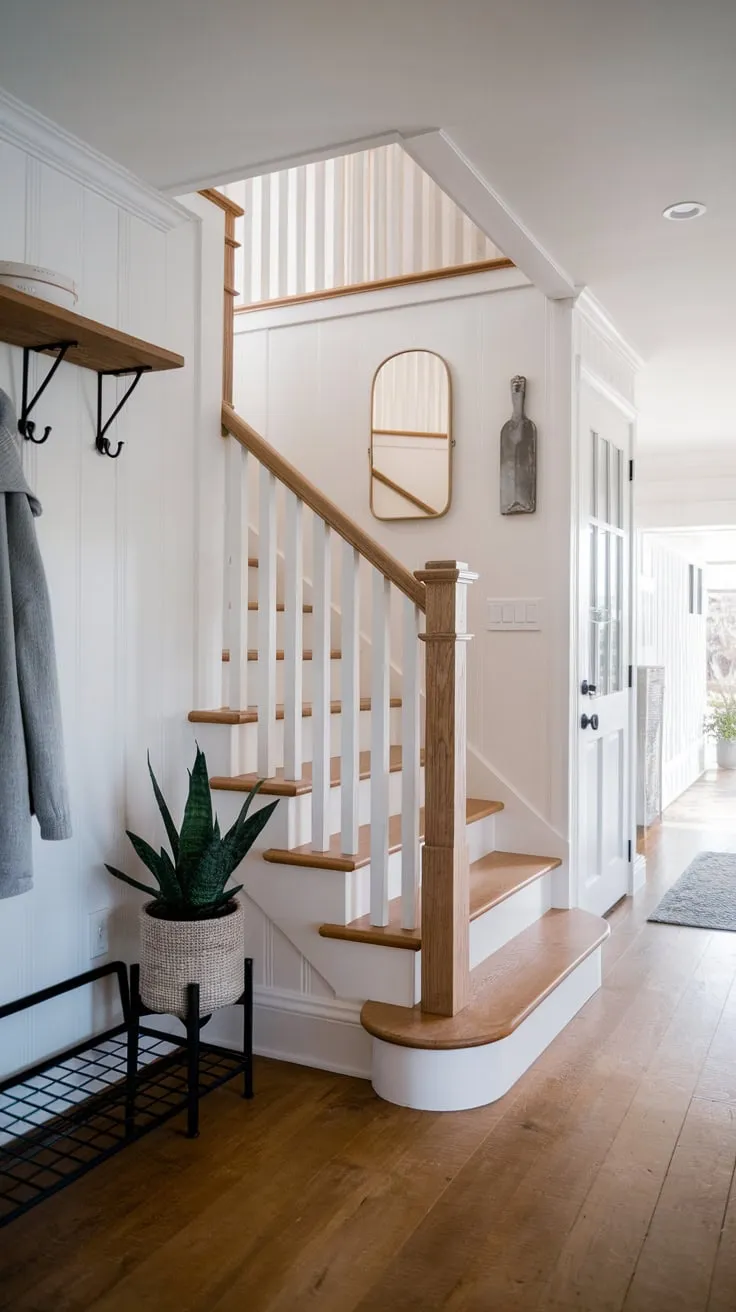 A stylish entryway features a white-railed wooden staircase in a modern farmhouse home, showcasing coastal influences and convenient storage solutions.