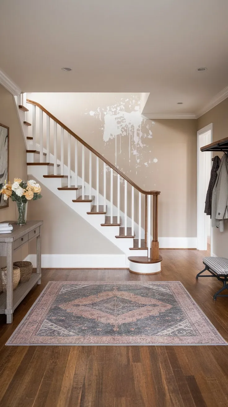 A modern farmhouse foyer welcomes you with a white-railed staircase, soft lighting, and stylish accents like a console table and area rug, creating a warm and inviting entryway.